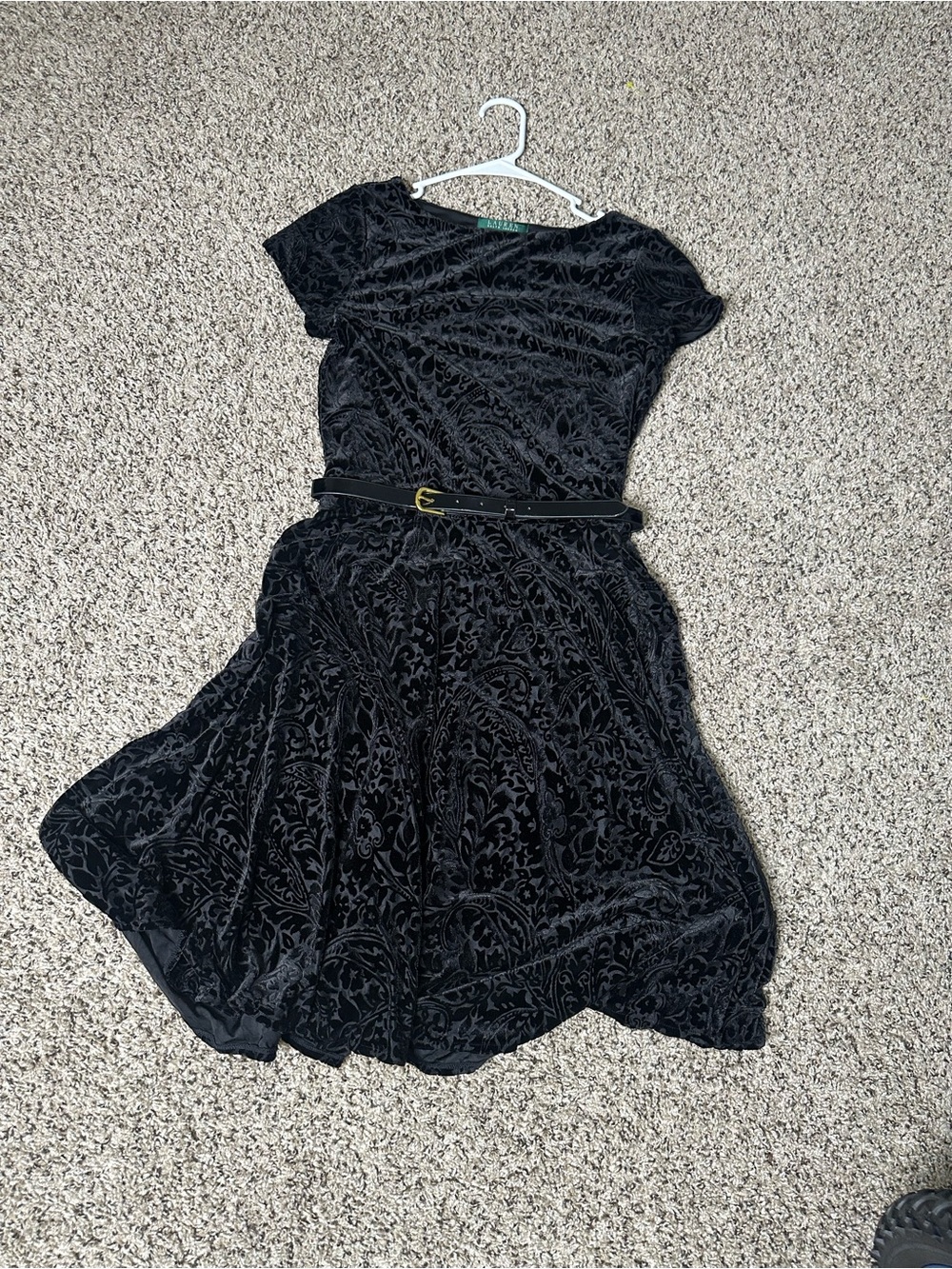 Ralph Lauren Black Velvet Patterned Fit & Flare Dress with Belt
